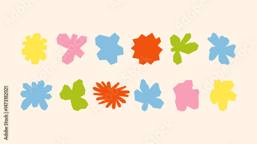 Flat style vector bundle featuring hand drawn badges, stars, flowers and geometric forms with sharp angles — perfect for branding projects, product packaging and online posts.