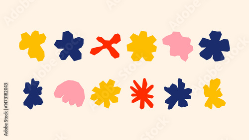 Flat vector design pack featuring whimsical badges, spiky stars, abstract flowers and geometric figures with crisp sharp angles — ideal for product branding, packaging and online content.