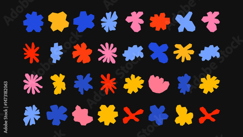 Modern flat illustration pack featuring sharp-angle stars, whimsical flowers and geometric forms — great for branding visuals and online posts.