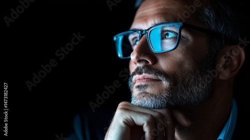 Ambitious Future CEO Engaged in Deep Thinking with Tech Lights Illuminating Face, Copy Space Available for Text