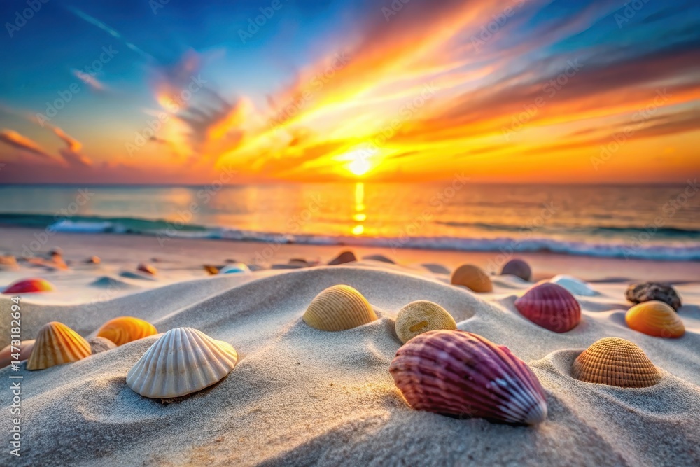Obraz premium Seashells scattered on a sandy beach at sunset, the ocean waves gently lapping the shore, a vibrant and colorful scene of nature's beauty