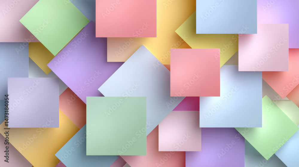 Pastel-colored squares overlap in a dynamic, abstract composition, creating a visually appealing and modern design. The soft hues and geometric shapes evoke a sense of calmness and so : Generative AI Pastel-colored squares overlap in a dynamic, abstract composition, creating a visually appealing and modern design. The soft hues and geometric shapes evoke a sense of calmness and so : Generative AI