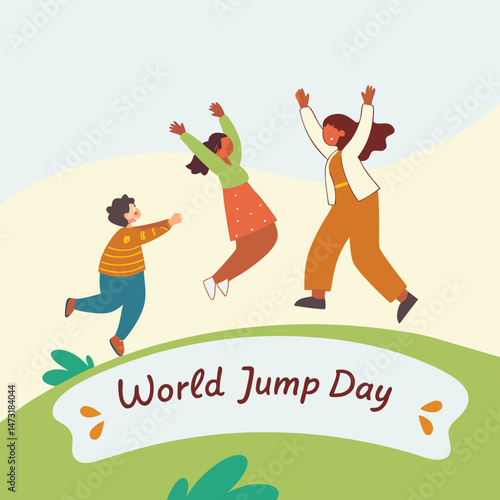 World Jump Day: Three individuals, full of energy, leap joyously in the air amidst a lively landscape on world jump day, capturing the spirit of fun and festivity.