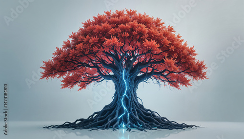A cyberpunk-style tree with nano-tech roots, glowing sap channels, and a mechanical core, merging nature with futuristic technology.