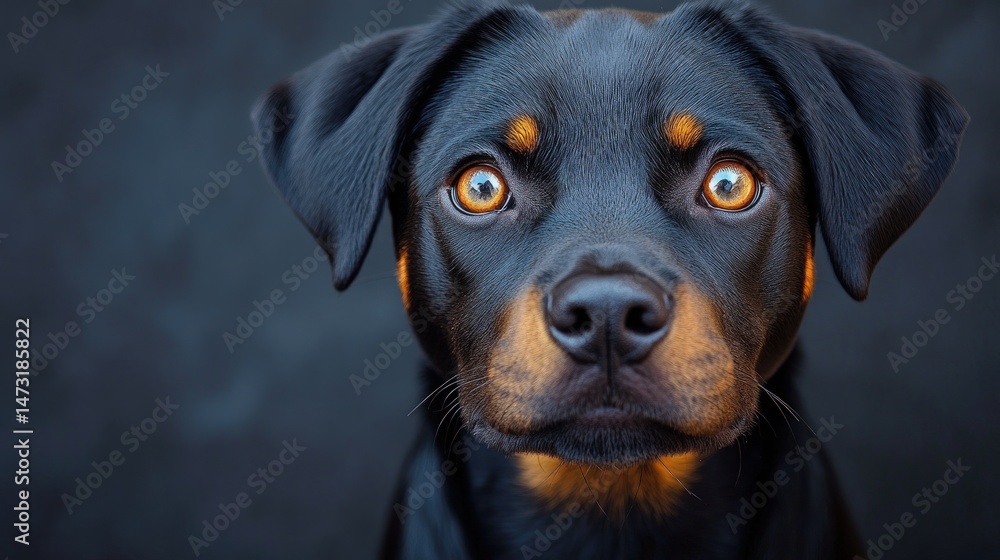Fototapeta premium Close-up of a black and tan puppy, intense gaze, dark background