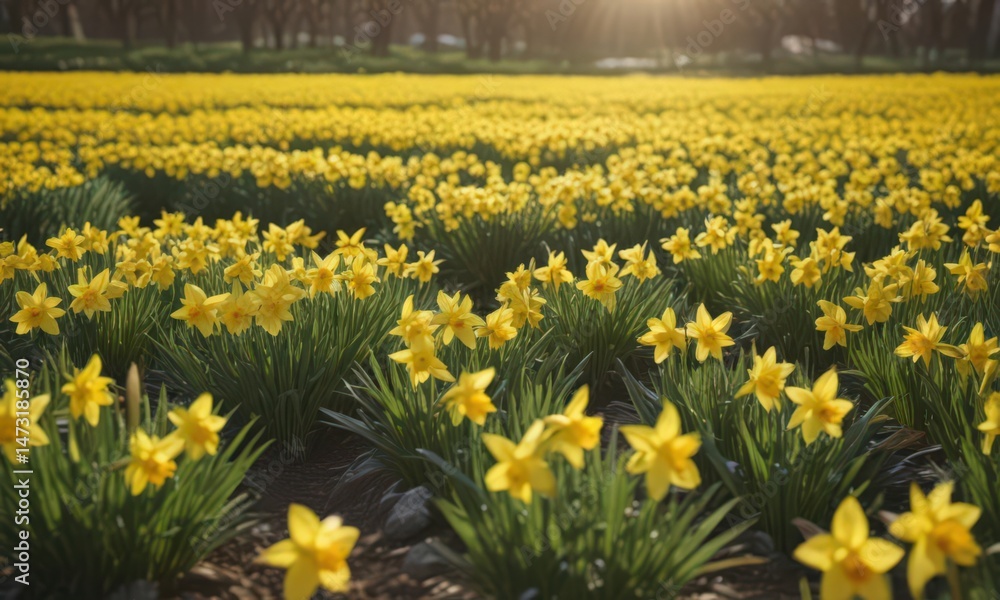 Fototapeta premium Sunlit daffodil field, vibrant yellow blooms, spring countryside, light, fresh, sun