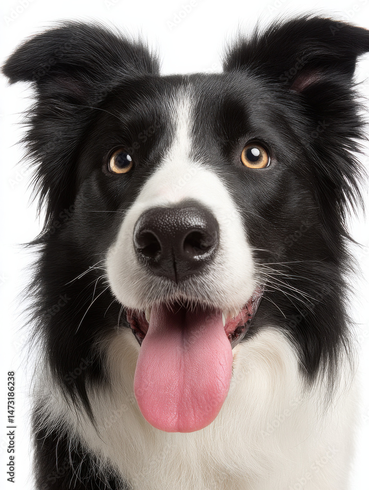 Fototapeta premium Happy border collie dog portrait, close-up view of a smiling black and white dog with tongue out, isolated on white background. : Generative AI