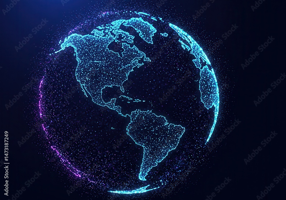 Fototapeta premium Digital earth globe with glowing dots showing north and south america