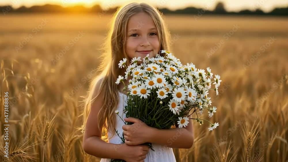 Smiling Young Girl Holding Daisies in Wheat Field at Sunset – Childhood Nature Portrait Smiling Young Girl Holding Daisies in Wheat Field at Sunset – Childhood Nature Portrait