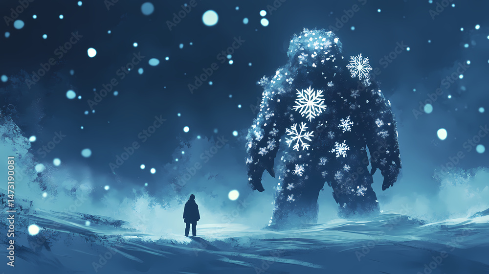 Obraz premium Hand-drawn snowflakes silhouette on a dark blue winter sky, frosty, snowflake. [Frozen Monoliths] | Frostshadow Colossus | cold silhouette. Illustration
