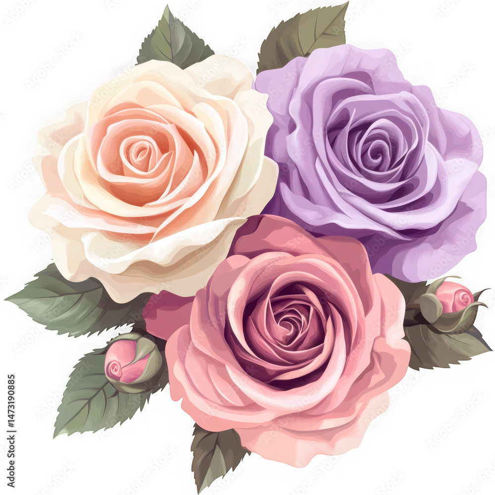 Fototapeta premium Watercolor illustration of three roses in different colors with buds and green leaves art piece