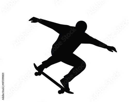 Skater silhouette. This image shows a black silhouette of a skateboarder in motion, highlighting agility, speed, and freestyle tricks. Vector clipart illustration design.