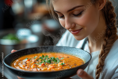 Woman holding bowl of soup.