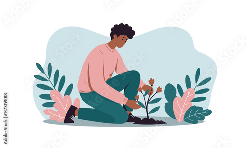 A man is kneeling down, planting a red flower in the soil, surrounded by colorful foliage against a light blue background