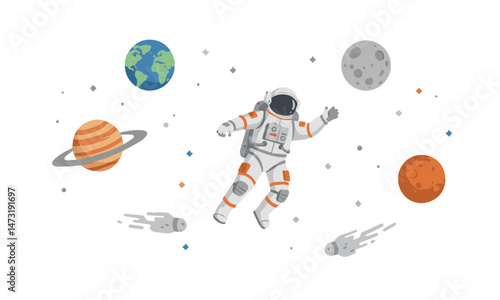 An astronaut in a white and orange spacesuit floats in space surrounded by the Earth, Saturn, Jupiter, Mars, a gray moon, and two comets with tails.