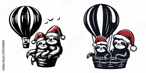 Sloth Couple wear santa hat taking a hot air balloon ride. Merry Christmas Cartoon clipart vector draw Holiday Decoration. Pair of slow mammal sport cap piloting aerostat journey.