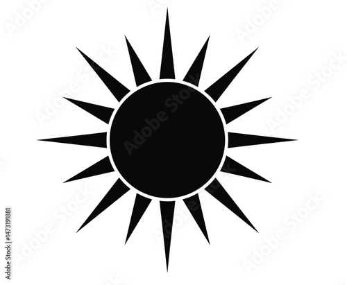 Sun silhouette. This image shows a black sun with sharp, jagged rays extending outward in a symmetrical pattern. Vector clipart illustration design.