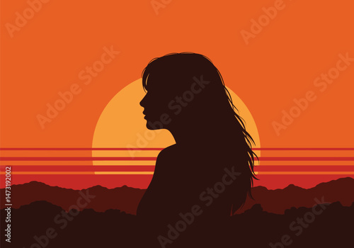 Woman sunset silhouette. This image shows a black and white abstract design of a sun with sharp, jagged rays emanating from a central circle. Vector clipart illustration design.