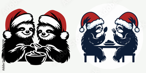 Sloth Couple wear santa hat sharing a meal. Merry Christmas Cartoon clipart vector draw Holiday Decoration. Holidaying pair don festive headgear having supper together.