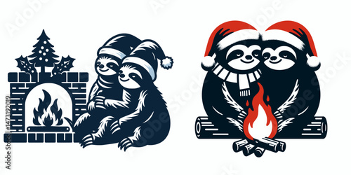 Sloth Couple wear santa hat sharing a cozy moment by the fire. Merry Christmas Cartoon clipart vector draw Holiday Decoration. Sluggish pair in cap relish intimate scene near hearth.