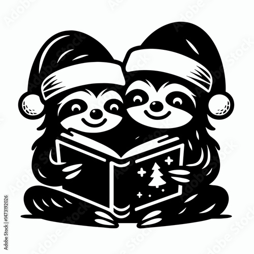 Sloth Couple wear santa hat reading love stories. Merry Christmas Cartoon clipart vector draw Holiday Decoration. Slow pair in headgear peruse romantic tale of affection.