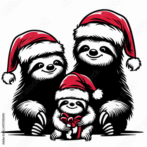Sloth Couple wear santa hat playing with pets. Merry Christmas Cartoon clipart vector draw Holiday Decoration. Pair of arboreal mammals adorned in yule headwear pet interaction.