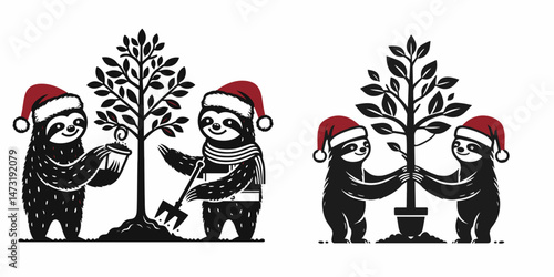 Sloth Couple wear santa hat planting a tree. Merry Christmas Cartoon clipart vector draw Holiday Decoration. Festive slow pair don cap start arboreal growth nature conservation.