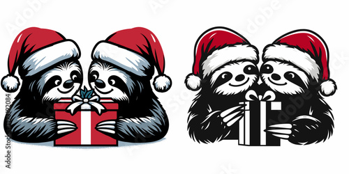 Sloth Couple wear santa hat planning a surprise for each other. Merry Christmas Cartoon clipart vector draw Holiday Decoration. Lazy duo donning festive headwear crafting amazement mate.