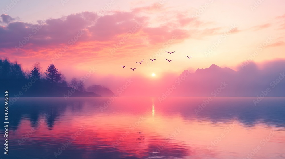 Fototapeta premium Serene Sunset: Pink Hues over Misty Lake and Mountains