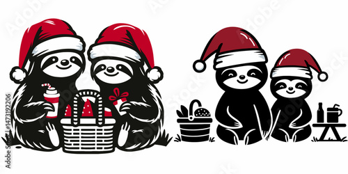 Sloth Couple wear santa hat going on a picnic. Merry Christmas Cartoon clipart vector draw Holiday Decoration. Xmas headwear pair of tree dweller have meal outdoor during.