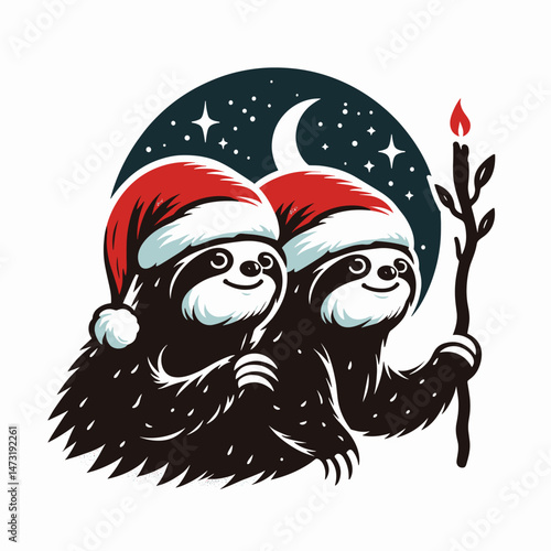 Sloth Couple wear santa hat exploring nature trails. Merry Christmas Cartoon clipart vector draw Holiday Decoration. Slow duo in father bonnet adventuring outdoor path festive fauna.