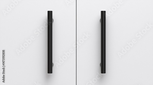 Wallpaper Mural Two black vertical handles on a white double cabinet door, viewed from the front with a minimalist design. Torontodigital.ca