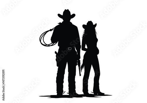 Cowboy and cowgirl silhouette. This image shows a black silhouette of a cowboy and cowgirl in a western theme. Vector clipart illustration design.