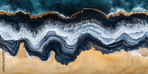 Waves meeting sand in abstract aerial view with blue sea foam and gold shoreline. Unique wavy pattern creates modern artistic background