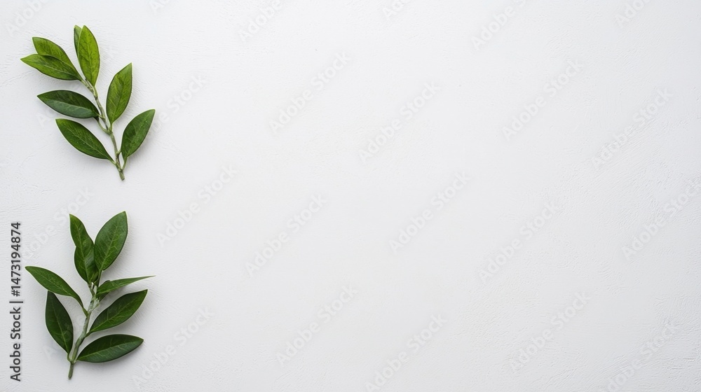 Minimalist composition with two green leafy branches on a plain white background. Minimalist composition with two green leafy branches on a plain white background.
