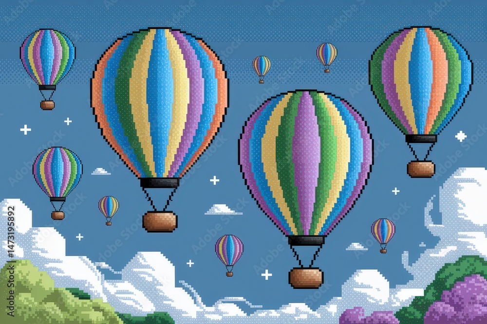 Obraz premium an AI Image Generator, Hot Air Balloons Flying High Over Scenic Blue Sky