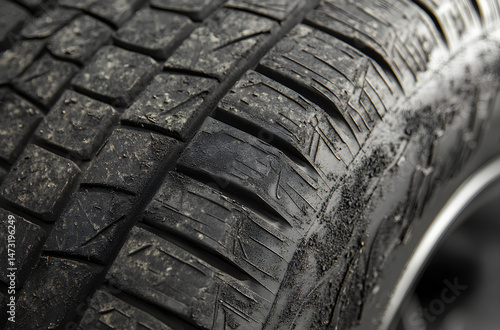 Detailed Closeup of Durable Tire Tread Revealing Rubber Texture and Gritty Surface