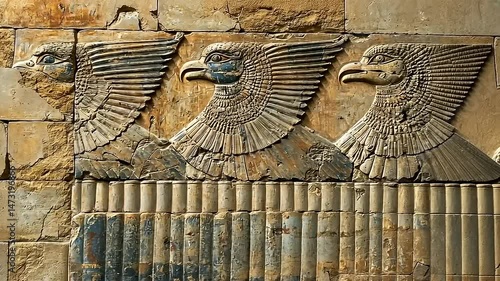 Ancient Stone Relief Featuring Mythical Winged Creatures and Column Details