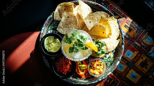 Round platter of Mexican appetizers with drinks.