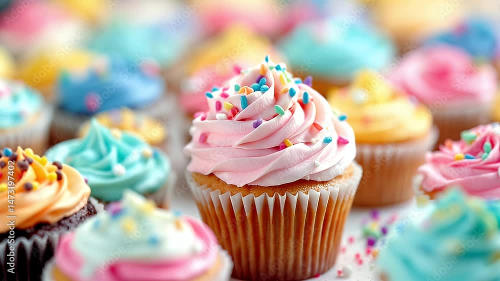 A delightful array of colorful cupcakes, frosted with vibrant swirls of buttercream and topped with joyful sprinkles. A sweet treat perfect for celebrations A delightful array of colorful cupcakes, frosted with vibrant swirls of buttercream and topped with joyful sprinkles. A sweet treat perfect for celebrations