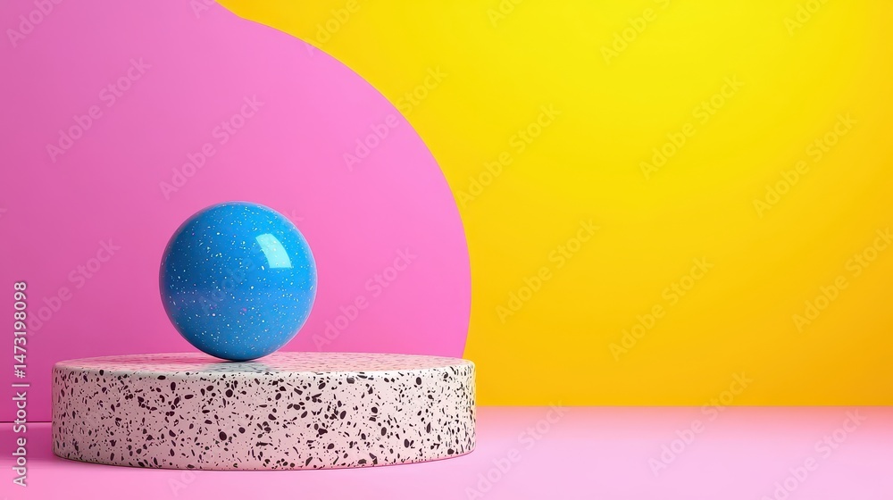 Blue Glittery Sphere on Speckled Cylinder Platform, Pink and Yellow Blue Glittery Sphere on Speckled Cylinder Platform, Pink and Yellow