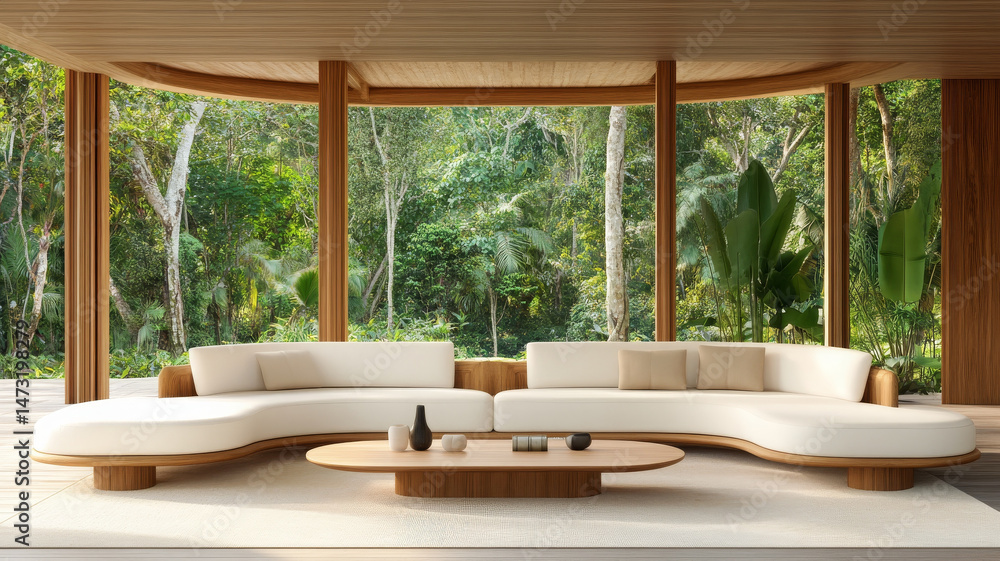 Fototapeta premium Cozy patio area features contemporary interior with curved sofa and natural surroundings