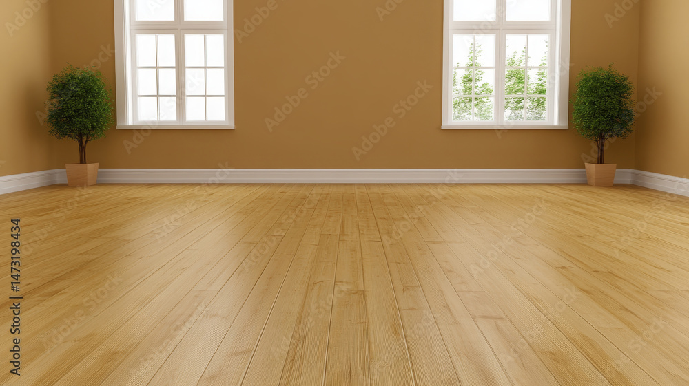 Obraz premium Spacious living room with wooden flooring and large windows, creating warm atmosphere