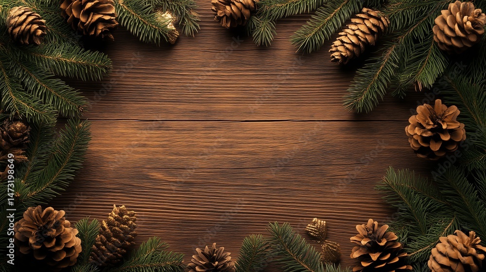 Christmas Flyer Design with Pine Frame on Wooden Background for Holiday Marketing Christmas Flyer Design with Pine Frame on Wooden Background for Holiday Marketing