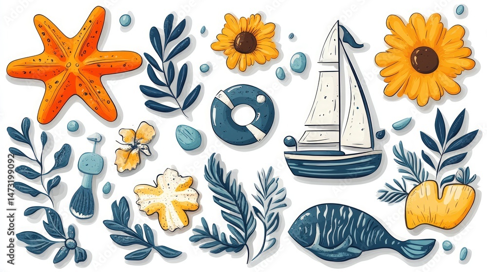 Naklejka premium Colorful summery collection of sea and nature elements, including starfish, flowers, leaves, a sailboat, a life preserver, and fish