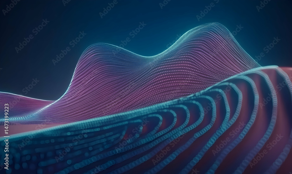 Abstract digital landscape, glowing particles forming undulating waves. Perfect for technology, AI, data visualization, and futuristic concepts. Abstract digital landscape, glowing particles forming undulating waves. Perfect for technology, AI, data visualization, and futuristic concepts.