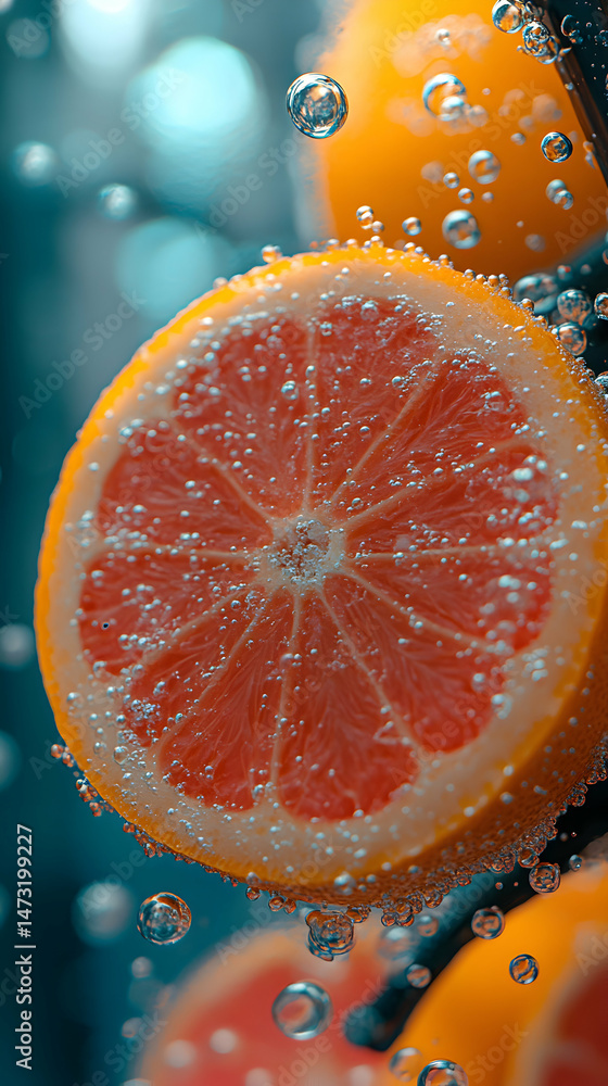 Close-up of a juicy grapefruit slice submerged in sparkling water, with bubbles clinging to its vibrant flesh. Close-up of a juicy grapefruit slice submerged in sparkling water, with bubbles clinging to its vibrant flesh.