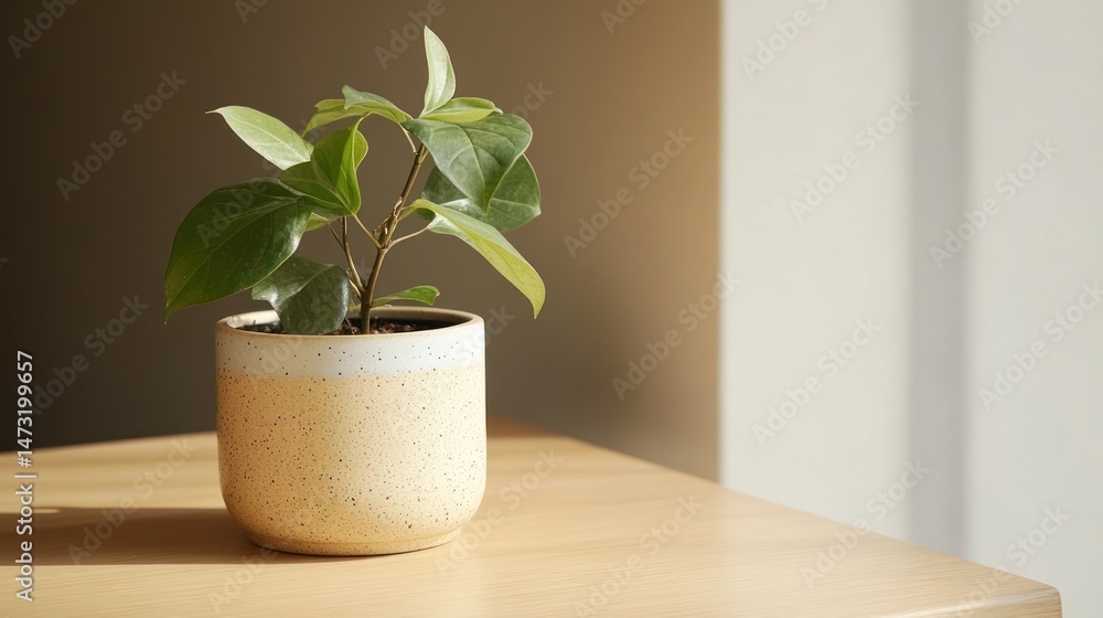 Fototapeta premium A Small potted plant in a sunlit room, peaceful and serene atmosphere.