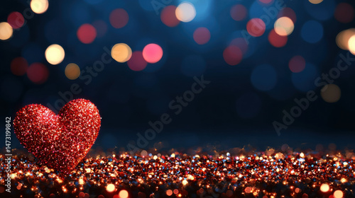 Shiny red heart on sparkling background with colorful bokeh