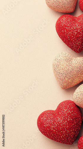 Glittery heart shapes in red and gold on soft background